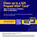 NAPA AutoCare battery rebate flyer, up to $25 prepaid card, July 1 to August 31 2026