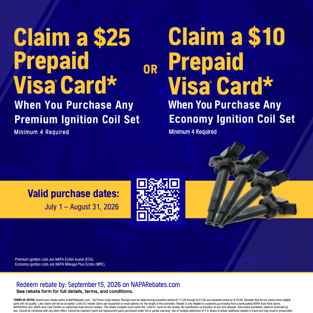 NAPA AutoCare ignition coil rebate flyer, up to $25 prepaid card, July 1 to August 31 2026