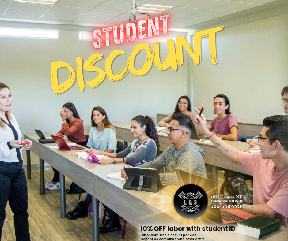 Student discount, 10% off labor with student ID at L&S Quality Auto Repair in Albuquerque